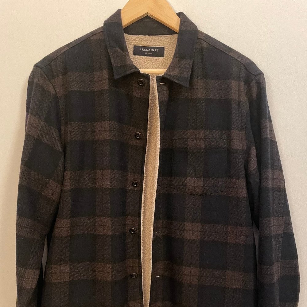 AllSaints sherpa-lined wool long sleeved button shirt